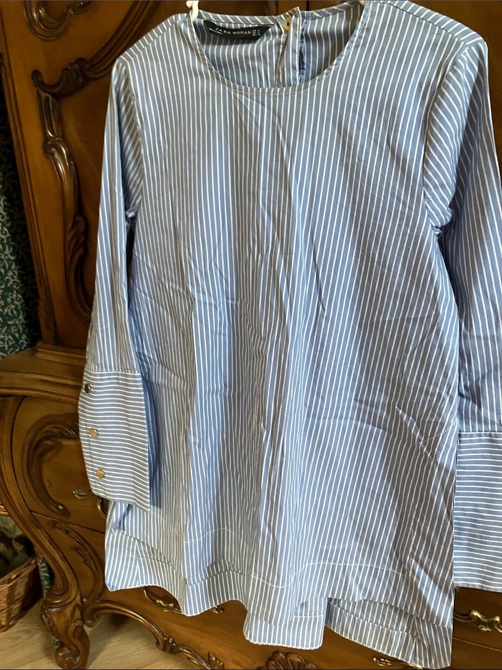 Zara Blue and White Vertical Stripe Tunic Blouse